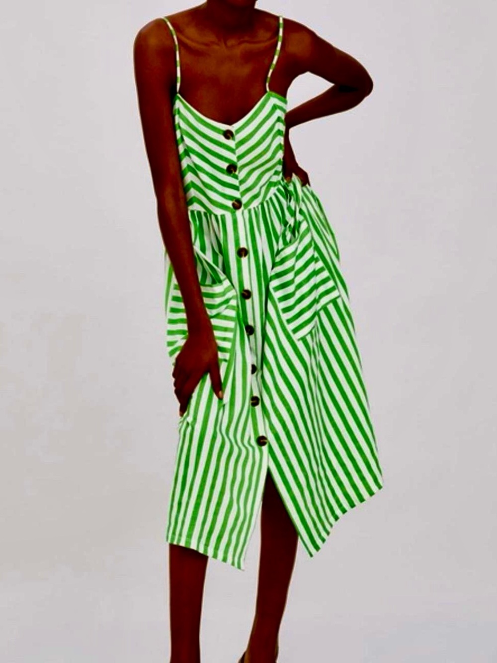 Zara Green and White Striped Midi Button-Front Dress